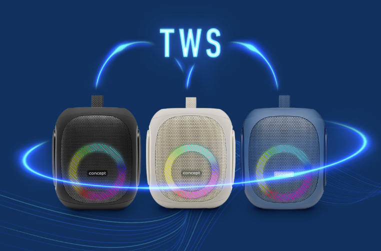 Tři barevná provedení reproduktoru Concept SoundJoy s funkcí bezdrátového stereo propojení TWS