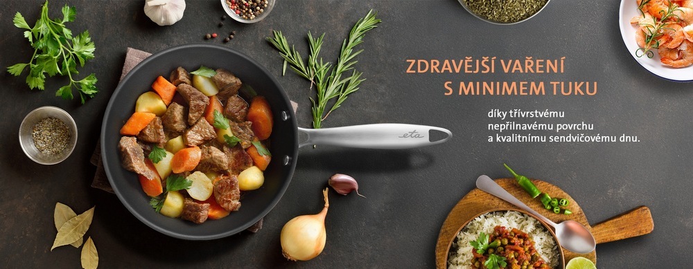 Set pánví ETA INOX 3930 90000 + 4930 90000 + 5930 90000 Pánev ETA Inox s nepřilnavým povrchem a připraveným masovou směsí se zeleninou, obklopená čerstvými bylinkami a kořením