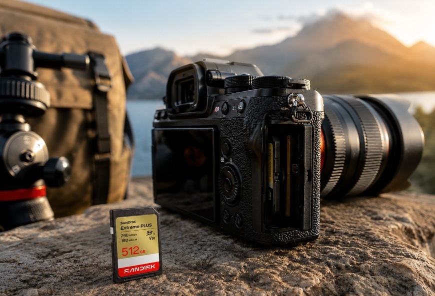 Paměťová karta SanDisk Extreme Plus vložená vedle profesionálního fotoaparátu v přírodním prostředí