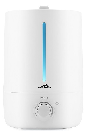 Čelní pohled na bílý zvlhčovač vzduchu ETA Moisty se zapnutým modrým osvětlením