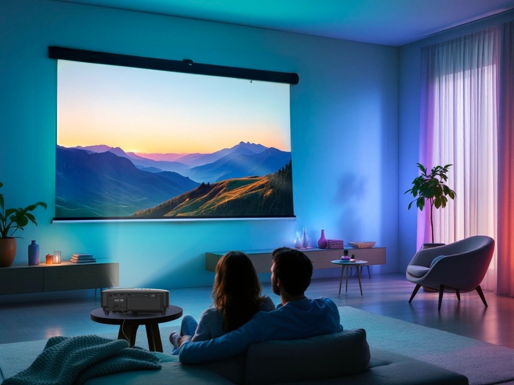 Žena a muž v obývacím pokoji s projekcí pomocí Philips GamePix 800