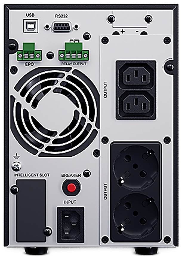 Záložní zdroj CyberPower OnLine S 2000VA/1800W, Tower černý Na obrázku je zadní strana záložního zdroje CyberPower OnLine S 2000VA/1800W. Vpravo jsou čtyři výstupní zásuvky, nahoře dva menší napájecí konektory a dole dvě klasické kulaté zásuvky. Vlevo je velký kruhový ventilátor, nad ním komunikační porty USB a RS232 a zelené svorky pro doplňkové připojení. Dole je vstupní napájecí konektor, jistič s červeným tlačítkem a prostor pro rozšiřující kartu. Zadní panel působí technicky a je určený pro napájení i správu zařízení.
