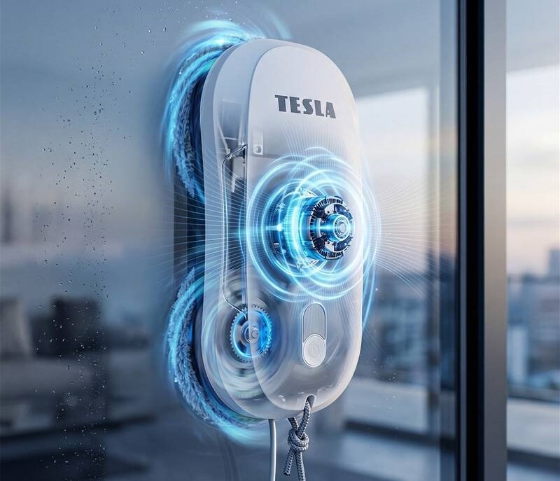 Robotický čistič oken Tesla RoboStar W400 Pro se dvěma rotačními mopy a rovnoměrným dávkováním vody dokonale vyčistí každý hladký povrch.
