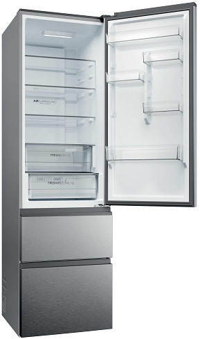 otevřená chladnička haier HTR3620CNMG, mírně z boku