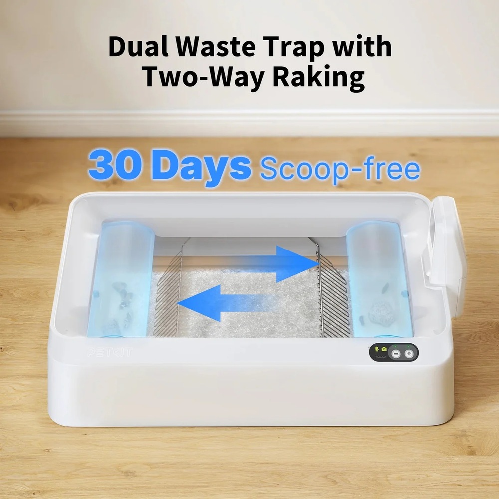 Chytrý záchod Petkit Purobot Crystal Duo s nákresem dvousměrného hrabání, nápis 30 Days Scoop-free a Dual Waste Trap with Two-Way Raking