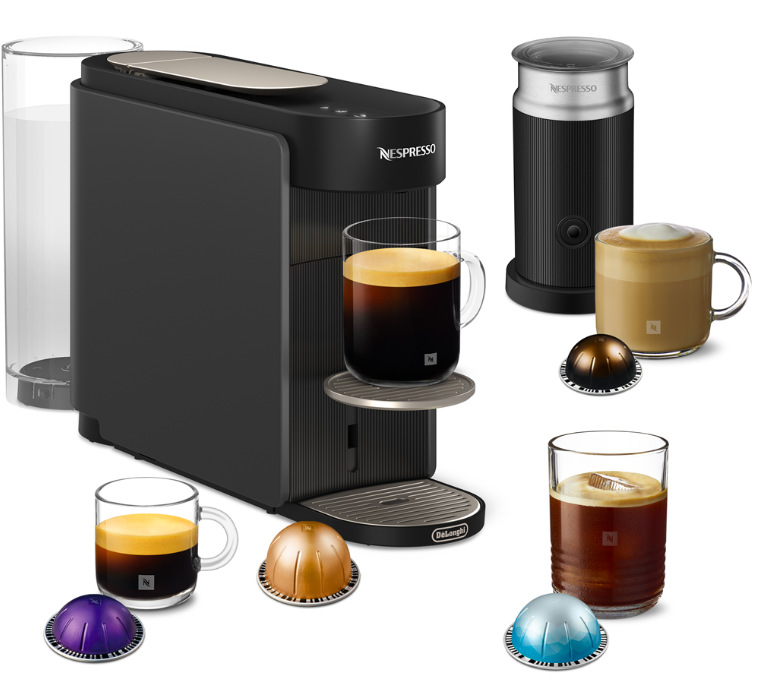 Boční pohled na DeLonghi Nespresso Vertuo Up Bundle ENV200.GYAE s kapslemi a mlýnem na mléčnou pěnu
