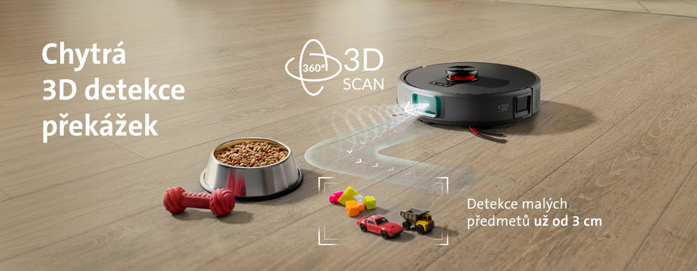 Robotický vysavač ETA Leone 2 PRO 6254 90000 šedý Produktový banner robotického vysavače ETA Leone 2 Pro demonstrující funkci „Chytrá 3D detekce překážek“ s technologií „360° 3D SCAN“. Na dřevěné podlaze je zobrazen černý robotický vysavač, který pomocí laserových paprsků mapuje prostor a úspěšně se vyhýbá misce s krmením pro psy, hračce pro mazlíčky a rozházeným dětským hračkám (kostky a autíčka). Na banneru je zvýrazněn text: „Detekce malých předmětů už od 3 cm