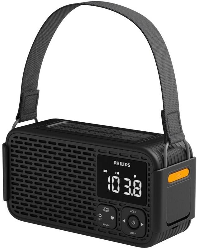 Černé přenosné nouzové rádio Philips TAR3500 s popruhem a LED displejem.