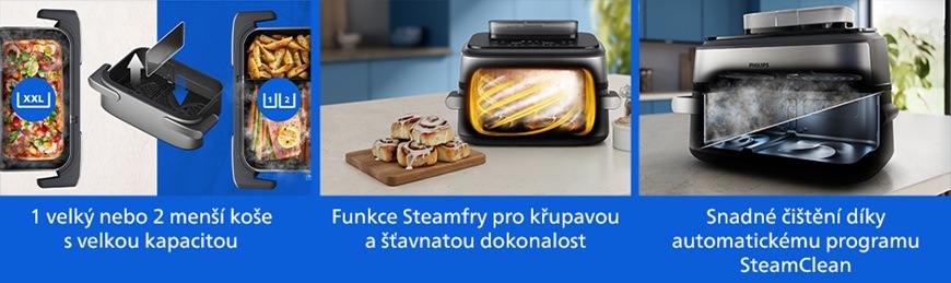 Fritéza horkovzdušná Philips Airfryer Dual Basket s párou 9,5 l NA565/02 černá/stříbrná Koláž funkcí horkovzdušné fritézy Philips NA565/02 zobrazující možnost použití jednoho velkého nebo dvou menších košů, funkci SteamFry pro přípravu křupavých a šťavnatých pokrmů a automatický čisticí program SteamClean s parním čištěním vnitřního prostoru.