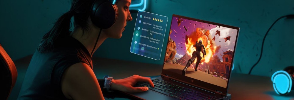 Notebook Acer Predator Helios Neo 14 AI (PHN14-71-90FS) černý Žena sedí před notebookem Acer Predator Helios Neo 14 AI