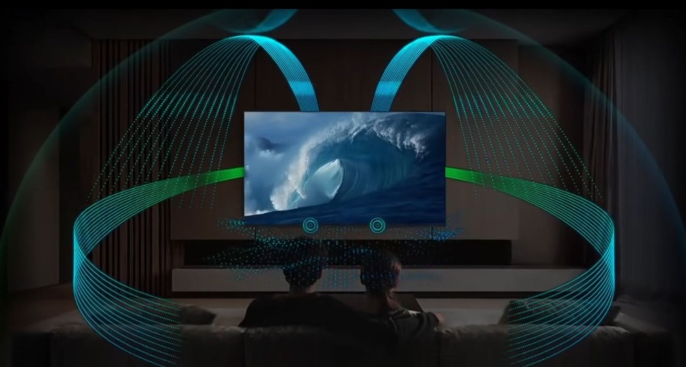 Televize Samsung QE48S95H Prostorový zvuk televize Samsung QE48S95H znázorněný zvukovými vlnami kolem obrazovky