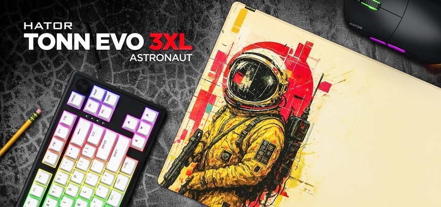 Podložka pod myš HATOR Tonn EVO 3XL Design Edition Astronaut žlutá Podložka HATOR Tonn EVO 3XL Astronaut vedle klávesnice a myši s označením edice