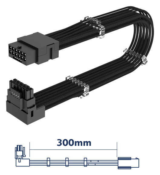AKASA G-Nexus PX16, 90° 12VHPWR Extension Cable umožňuje až 300mm prodloužení