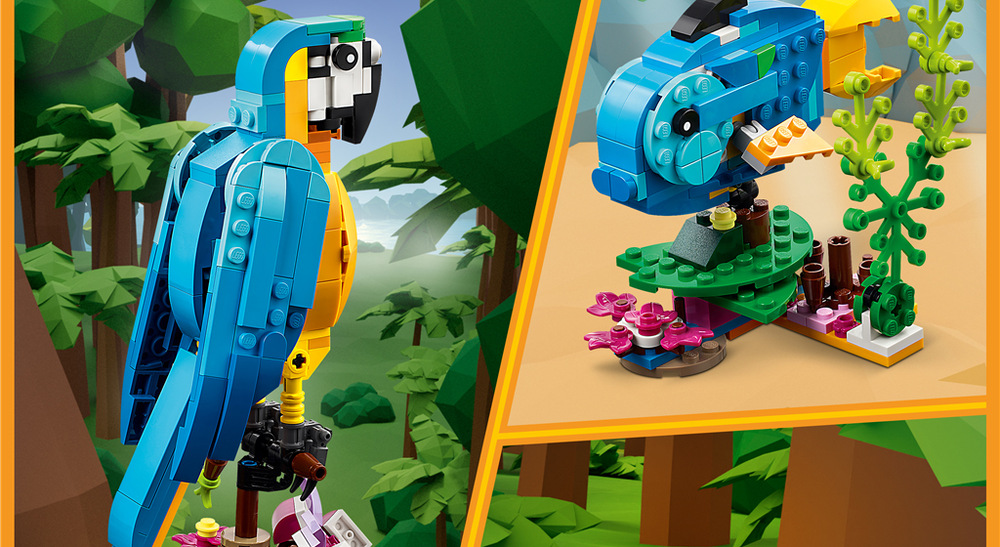 Stavebnice LEGO® Creator 3 v 1 31136 Exotický papoušek Z 253 kostek mohou děti postavit také rybu s pohyblivými ploutvemi nebo žábu s pohyblivýma nohama.
