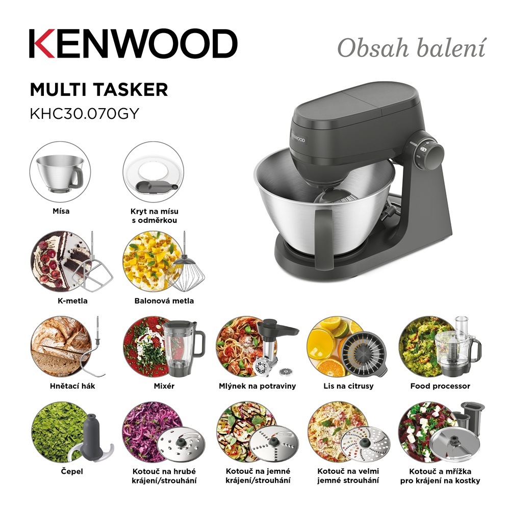 Kuchyňský robot Kenwood KHC30.070GY Multi Tasker s příslušenstvím.