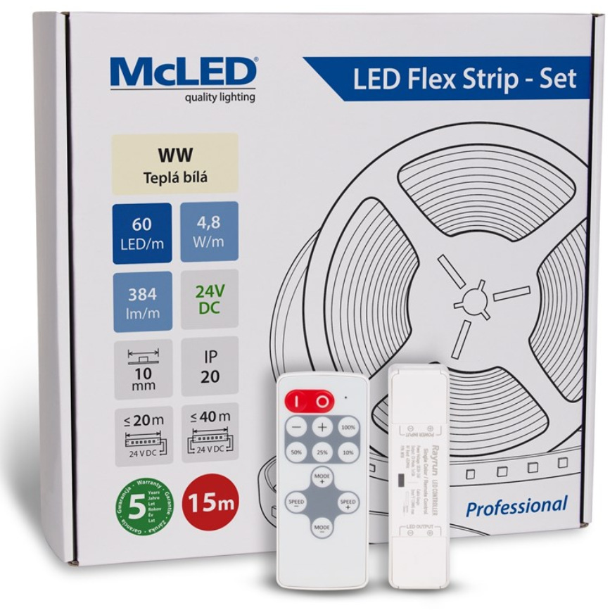 LED pásek McLED s ovládáním Nano - sada 15 m - Professional, 60 LED/m, WW, 384 lm/m, vodič 3 m McLED s ovládáním Nano - sada 15 m - Professional, 60 LED/m, WW, 384 lm/m, vodič 3 m (ML-126.873.60.S15002)