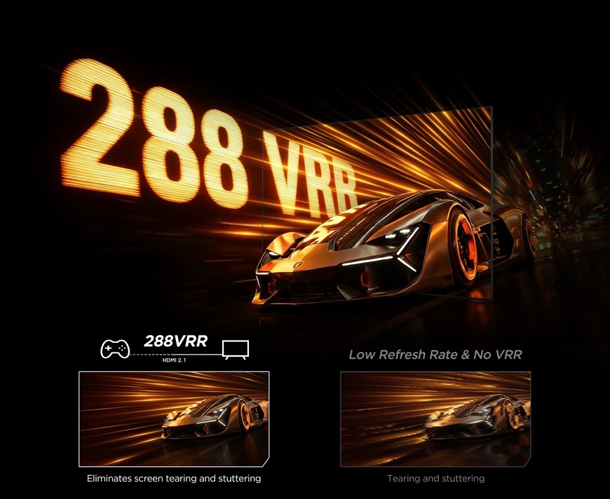 Televize TCL 65C7L s podporou 288Hz VRR a HDMI 2.1, ukázka plynulého obrazu bez trhání při rychlé scéně se sportovním autem.