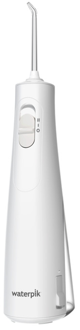 Ústní sprcha Waterpik WF21EU v bílém provedení s nasazenou tryskou a ovladačem tlaku