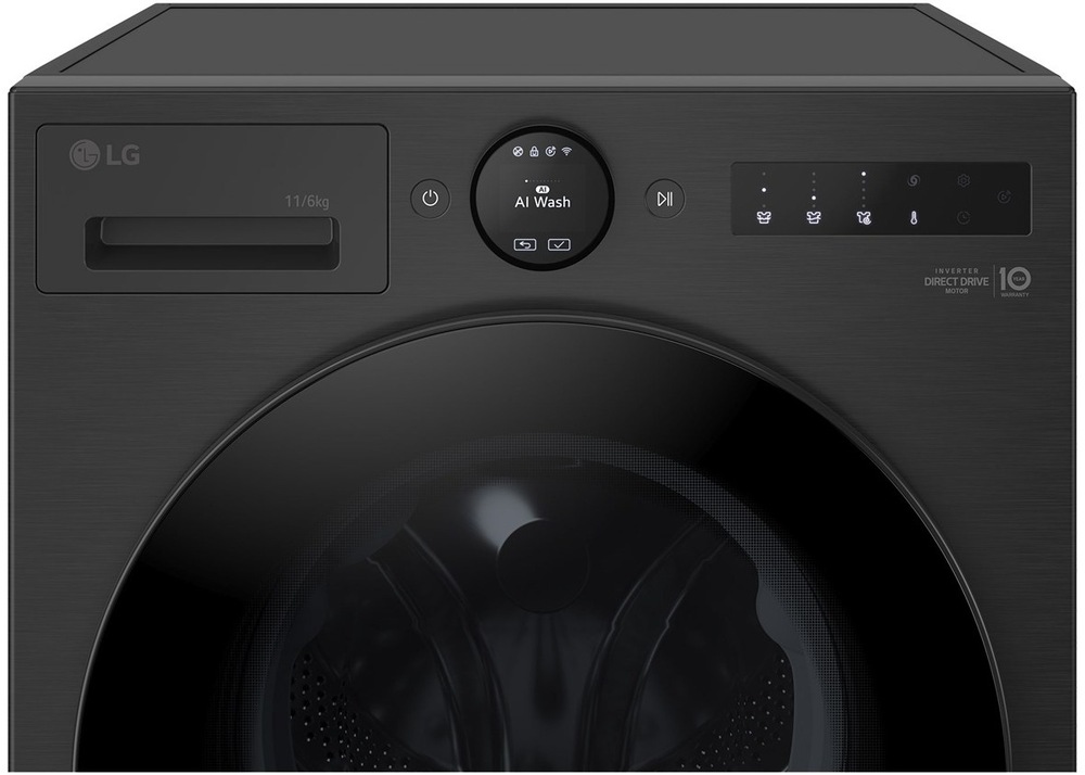 Pračka se sušičkou LG W4X7016TBB černá Detail ovládacího panelu pračky LG GW4X7016TBB s displejem AI Wash a dotykovými tlačítky.