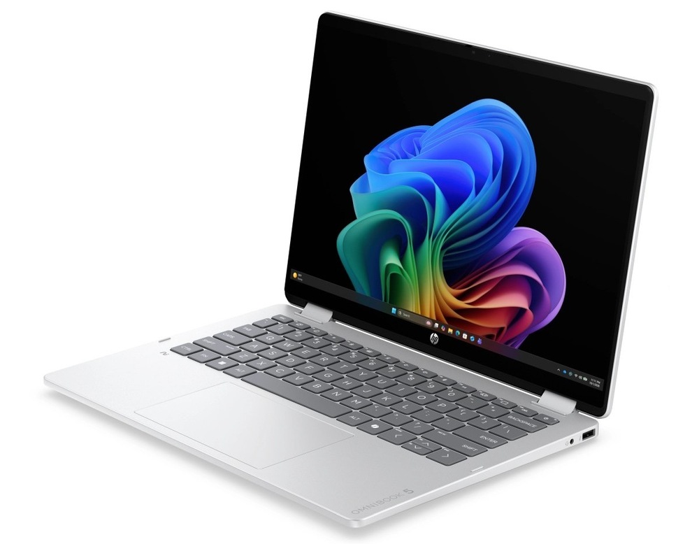 Notebook HP OmniBook 5 Flip AI 14-km0070ncx + Game Pass předplatné na 2 měsíce stříbrný Otevřený a zapnutý notebook HP OmniBook 5 Flip AI 14-km0070ncx otočený doleva