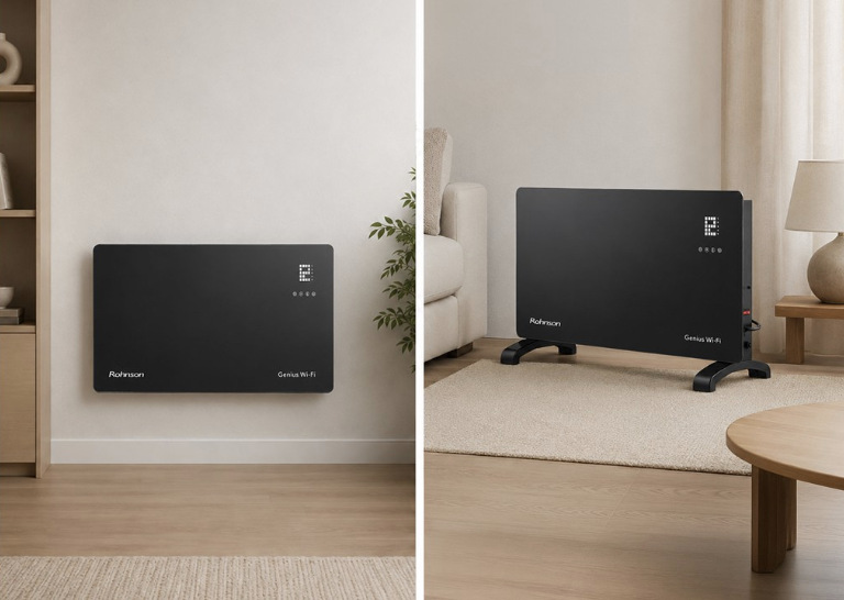 Konvektor Rohnson R-040 Genius Wi-Fi ve variantě pro montáž na stěnu a volné postavení