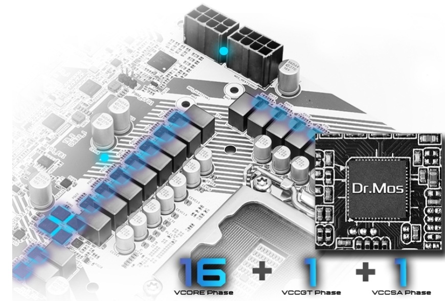 Detail napájecí kaskády základní desky ASRock Z890 PRO RS WIFI WHITE s 16+1+1 fázemi a technologií Dr.MOS