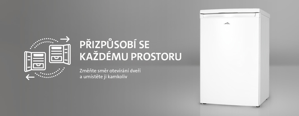 Bílá monoklimatická lednice ETA s možností změny směru otevírání dveří. Grafika znázorňuje flexibilitu instalace. Text: Přizpůsobí se každému prostoru – změňte směr otevírání dveří a umístěte ji kamkoliv