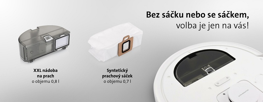 Robotický vysavač ETA Master Aqua PRO s možností použití bezsáčkového zásobníku na prach o objemu 0,8 l nebo syntetického prachového sáčku o objemu 0,7 l