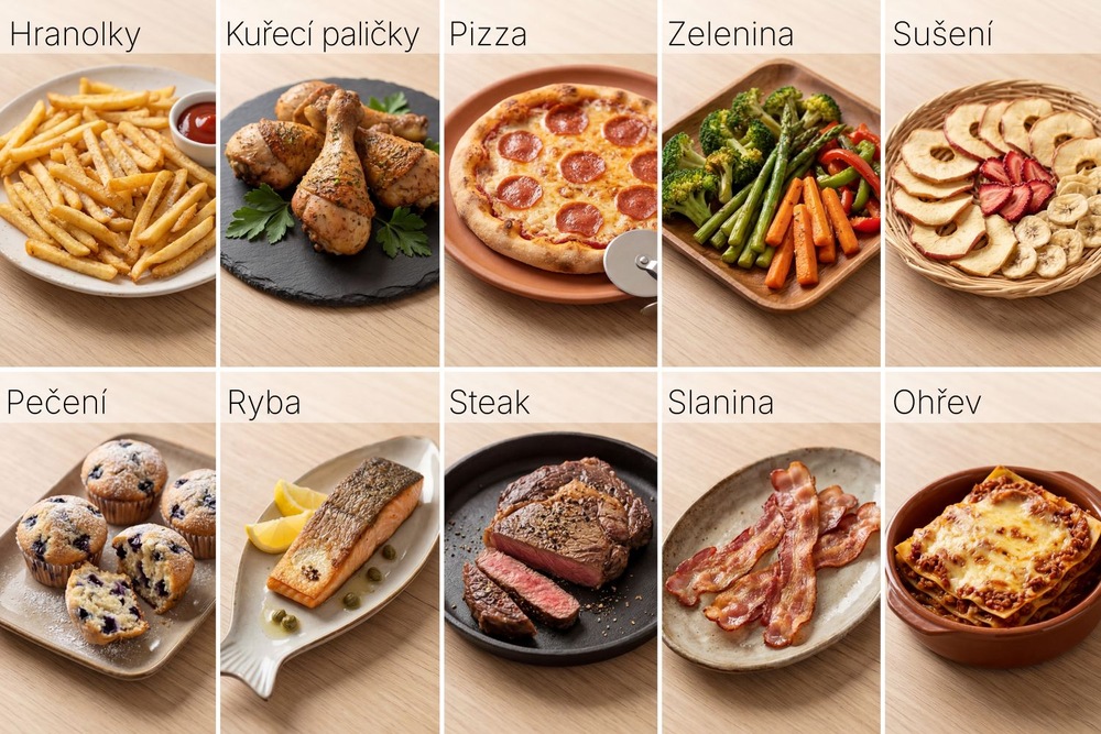 10 různých pokrmů na talíři připravených v horkovzdušné fritéze Horkovzdušná fritéza Sencor SFR 1260BK