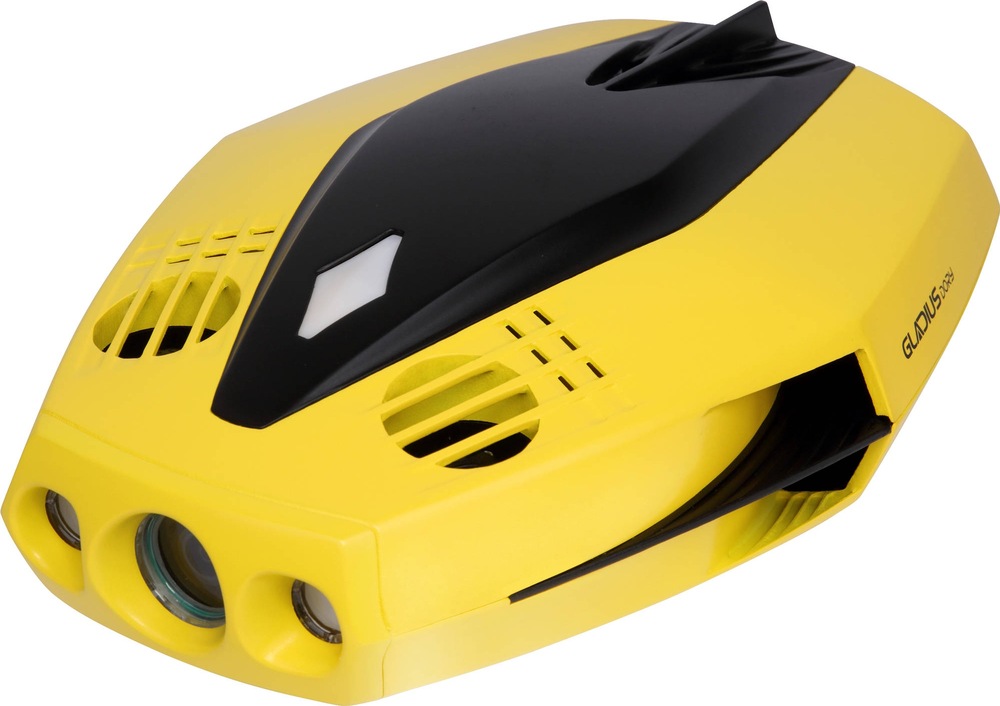 Žlutý podvodní dron Chasing Dory z horního šikmého pohledu. Vpředu má kameru a dvě LED světla, po stranách chráněné vrtule.