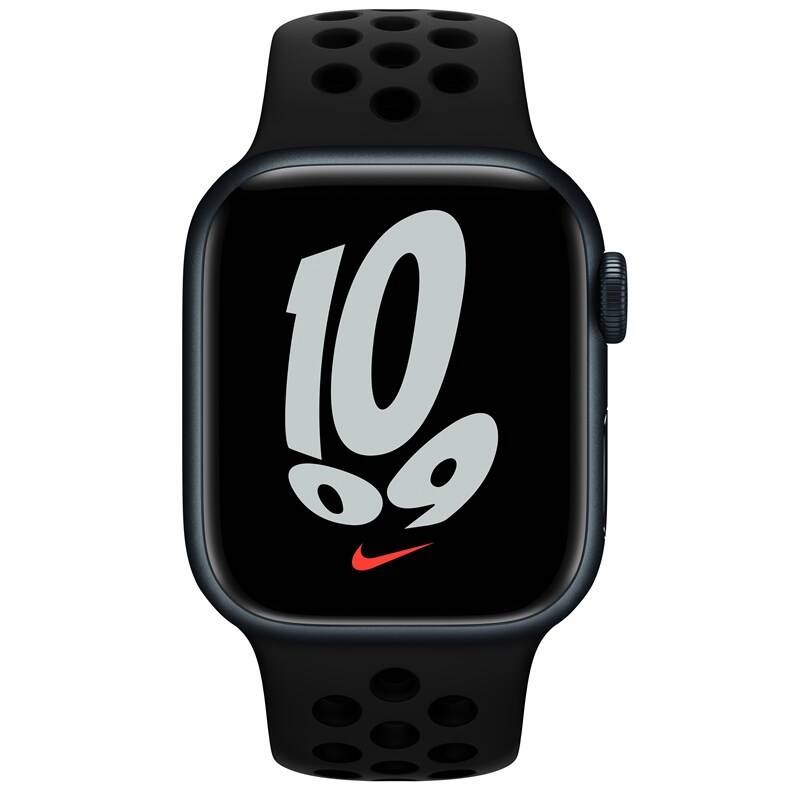 Chytré hodinky Apple Watch Nike Series 7 GPS, 45mm pouzdro z půlnočně inkoustového hliníku antracitový / černý sportovní řemínek