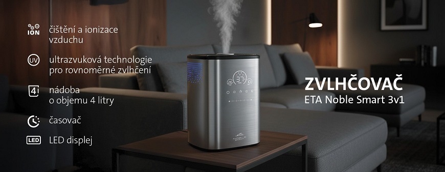 Zvlhčovač vzduchu ETA Noble Smart 5629 90000 šedý Zvlhčovač vzduchu ETA Noble Smart 3v1 s ultrazvukovou technologií, LED displejem a funkcí čištění a ionizace vzduchu, umístěný v moderním obývacím pokoji