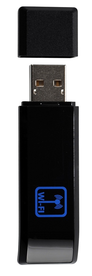 Černý USB Wi-Fi adaptér Hyundai USBWIFI1 s modrým logem Wi-Fi a odnímatelnou krytkou konektoru