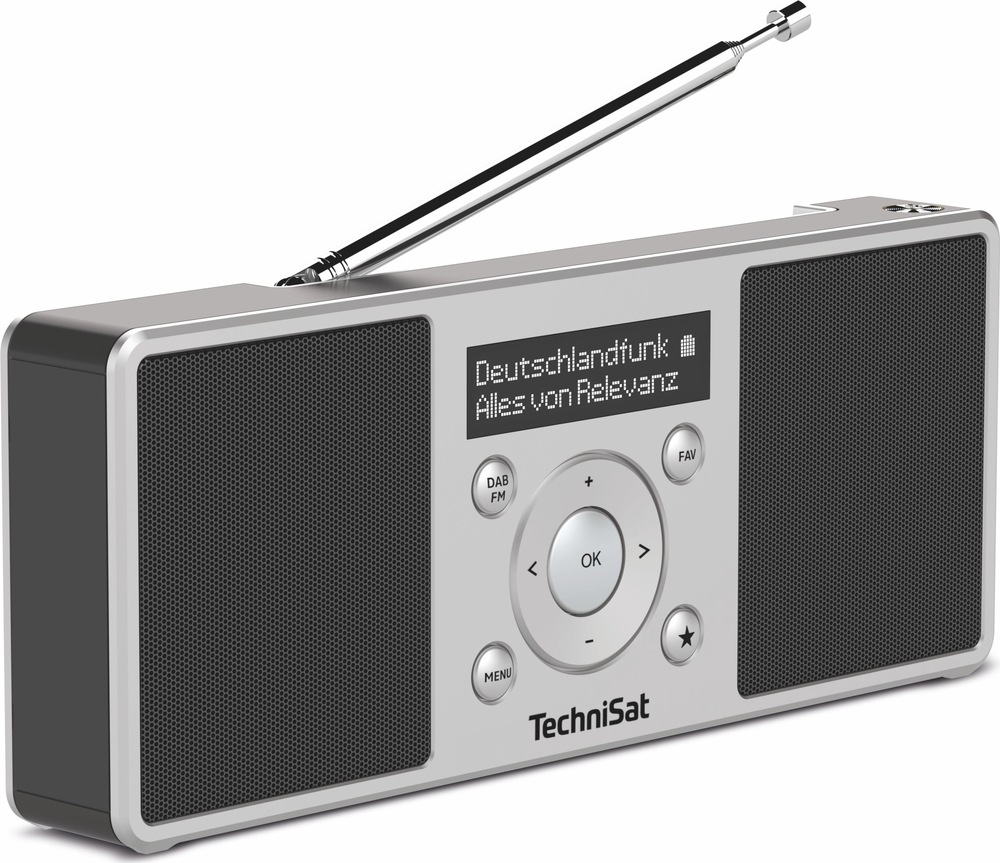 Radiopřijímač s DAB+ TechniSat DIGITRADIO 1 S černý/stříbrný Detailní pohled šikmo zepředu ukazuje dva reproduktory, centrální OLED displej a kruhový ovládací panel s tlačítky DAB/FM, MENU a FAV. Z horní části rádia je vysunutá teleskopická anténa.