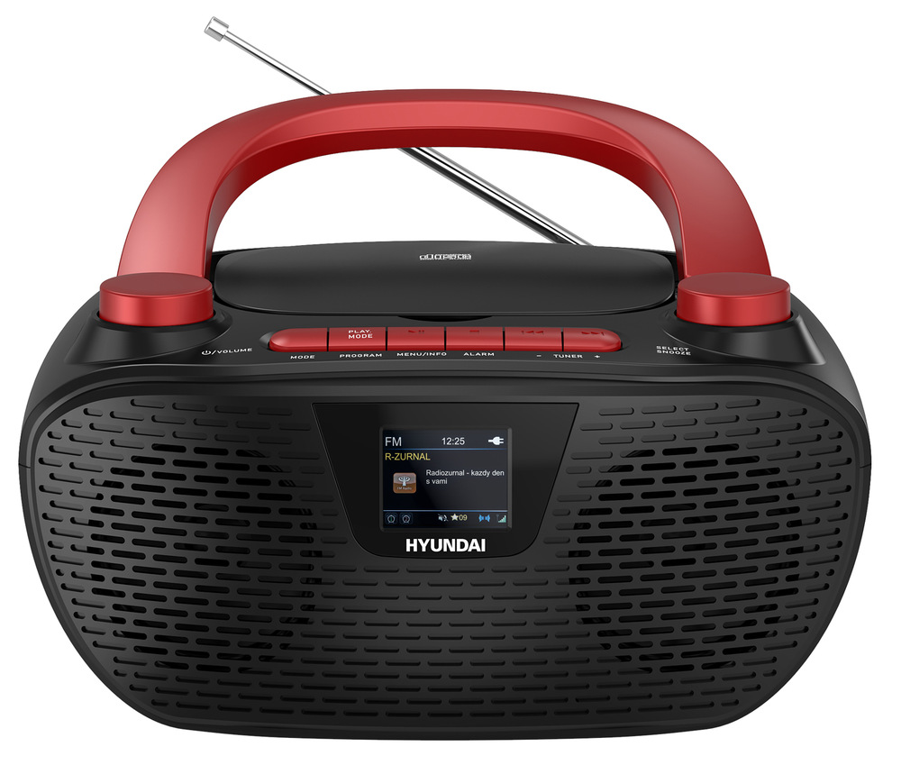 Radiopřijímač s CD Hyundai TRC 544 AU3BR černý/červený Černé přenosné rádio Hyundai s CD přehrávačem, teleskopickou anténou a detailním pohledem na boční konektory (3,5mm jack) – pohled z levého úhlu.