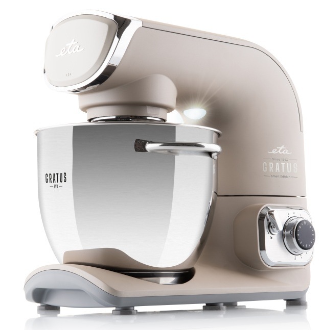 Celokovový kuchyňský robot ETA Gratus EVO Smart II v elegantní barvě taupe s nerezovou mísou o objemu 5,5 l a integrovaným LED osvětlením pracovní plochy