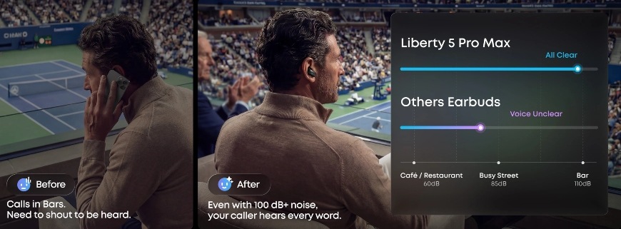Sluchátka Anker soundcore Liberty 5 Pro Max černá Muž na stadionu s telefonem vs se sluchátky Anker soundcore Liberty 5 Pro Max se špičkovým zachycením hlasu