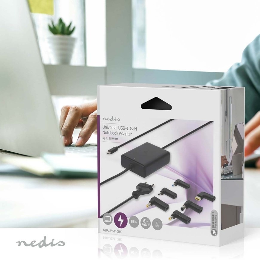 Napájecí adaptér Nedis GaN 65 W, univerzální, USB-C + 6 adaptérů