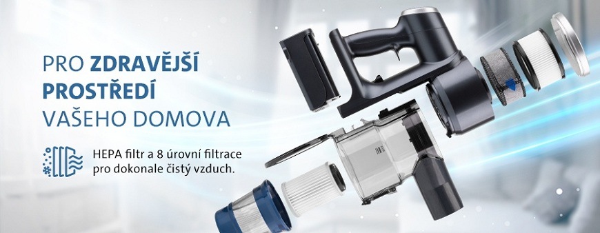 Tyčový vysavač ETA Panther PRO 7250 90000 s odsávací stanicí černý Hlavní jednotka vysavače ETA Panther PRO s detailně rozloženým 8stupňovým filtračním systémem a HEPA filtry, zdůrazňující čisté a zdravější prostředí domova
