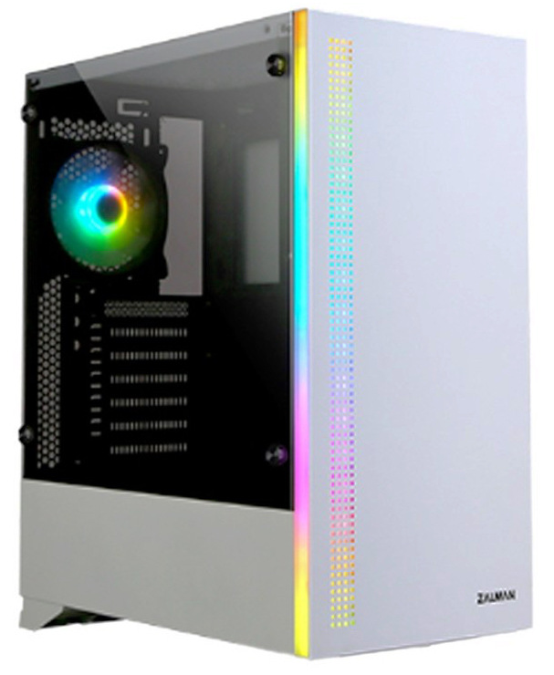 Na obrázku je PC skříň Zalman S5, bílá. Levá bočnice je průhledná (skleněná), takže je vidět vnitřek – uvnitř svítí kruhový ventilátor fialovým světlem. Přední panel je hladký a na levém okraji má úzký svislý světelný proužek a vedle něj perforovanou mřížku pro nasávání vzduchu. Skříň stojí na malých nožkách a dole vpravo je logo Zalman.