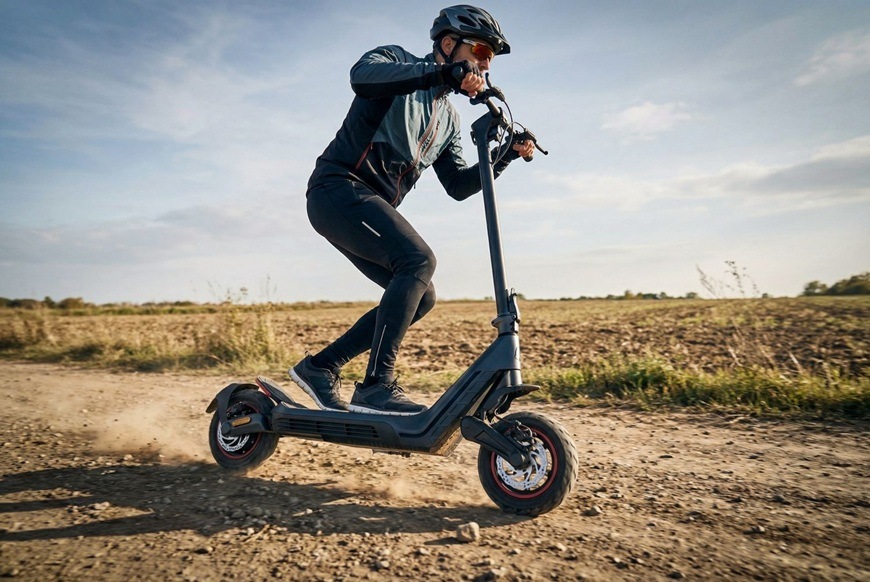 Elektrická koloběžka Sencor SCOOTER S80 černá Elektrická koloběžka Sencor SCOOTER S80 si poradí nejen s městskými ulicemi, ale také se zpevněnými polními a lesními cestami. Robustní konstrukce, větší kola a odpružení pomáhají zvládat nerovný povrch a zajišťují stabilní a komfortní jízdu. Na snímku jezdec využívá výkon koloběžky při svižné jízdě v terénu, kde vyniká její sportovnější charakter a schopnost překonávat náročnější podmínky.