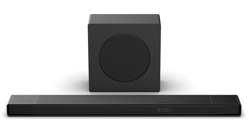 Přední pohled na soundbar Hisense AX3120Q s bezdrátovým subwooferem.