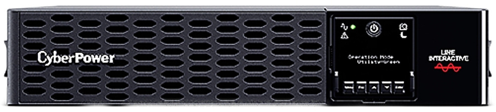 Záložní zdroj CyberPower Professional Rackmount Series PRIII 2200VA/2200W,2U, XL černý Na obrázku je černý rackový záložní zdroj CyberPower v nízkém 2U provedení z čelního pohledu. Na přední straně má širokou ventilační mřížku, menší displej s ovládacími tlačítky a stavovými ikonami a logo Line-Interactive. Zařízení působí profesionálně a je určené pro montáž do serverového racku.