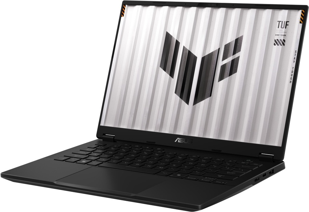 Pohled šikmo zepředu na otevřený laptop TUF Gaming A14 
