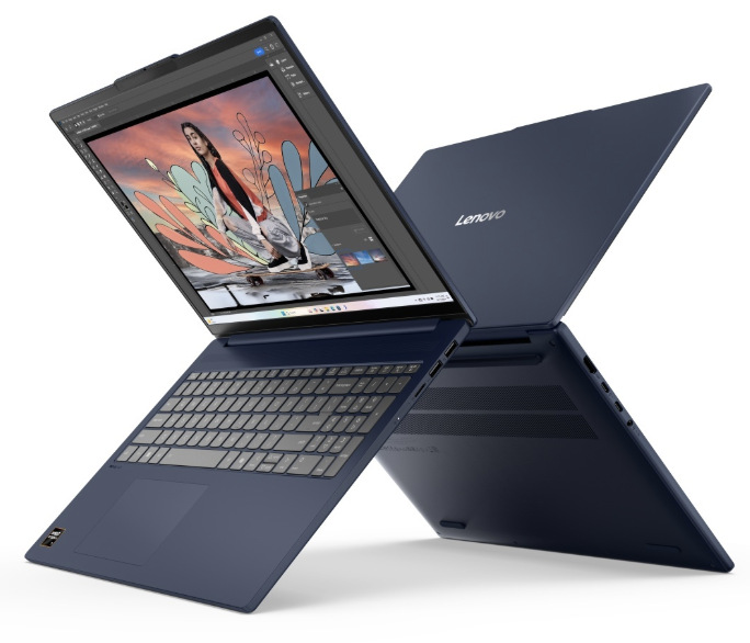 Dva notebooky Lenovo IdeaPad Slim 5 s pohledem na displej, víko a spodní část