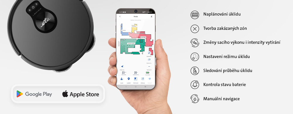 Infografika k chytré mobilní aplikaci ETA SMART pro robotický vysavač ETA Leone 2. Na obrázku je zobrazen detail černého vysavače, loga Google Play a Apple Store pro stažení aplikace a ruka držící chytrý telefon s barevnou mapou bytu. V pravé části je seznam funkcí aplikace s ikonami: Naplánování úklidu, Tvorba zakázaných zón, Změny sacího výkonu i intenzity vytírání, Nastavení režimu úklidu, Sledování průběhu úklidu, Kontrola stavu baterie a Manuální navigace.