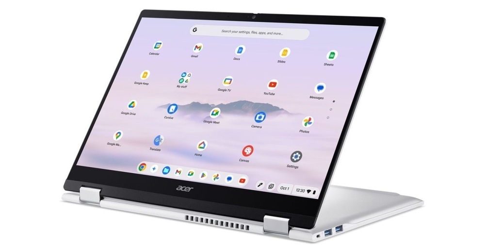 Notebook Acer Chromebook Plus Spin 514 (CP514-5HN-K65H) stříbrný Notebook Acer Chromebook Plus Spin 514 (CP514-5HN-K65H) postavený do pozice prezentace