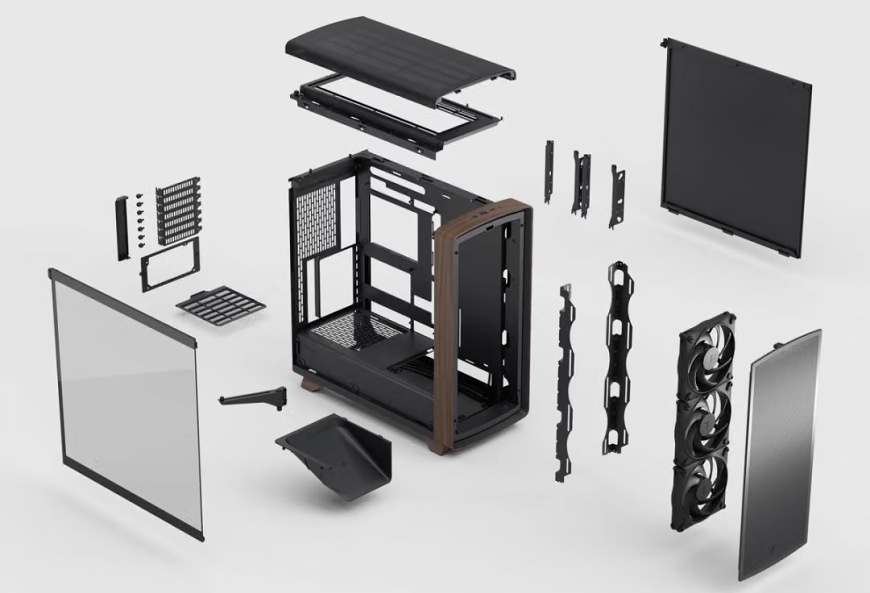 Rozložená konstrukce skříně FRACTAL DESIGN Summit Black TG Light Tint s panely, ventilátory, držáky a filtry
