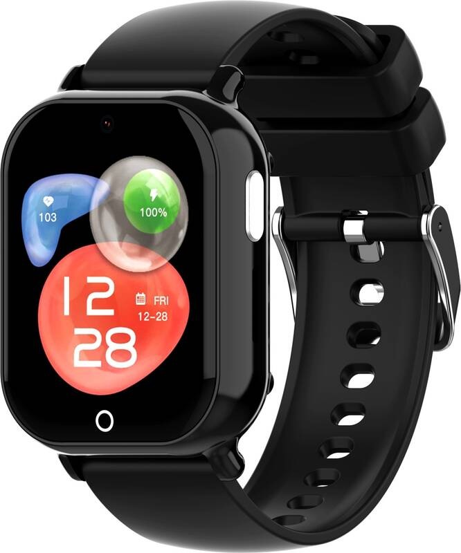 Chytré dětské hodinky Carneo GuardKid+ 4G Buddy z boku s černým silikonovým řemínkem a tlačítkem ovládání