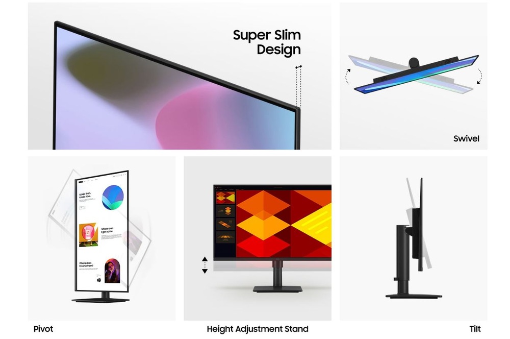 Monitor Samsung Essential monitor S4 (S40GD) černý Koláž různých vlastností stojanu monitoru: nastavitelná výška, náklon, otáčení a režim pivot.